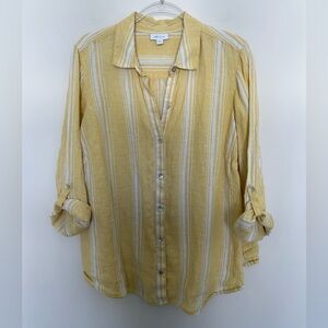 J. Jill Love Linen Yellow and White Stripe Button Shirt With Tab Sleeves Size XL